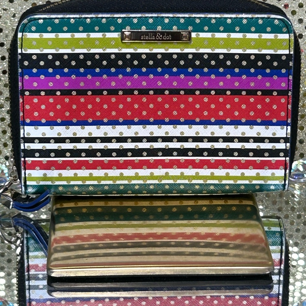 Stella & Dot Multicolor Striped Wallet w/Polka-Dot Metallic Accents Approx. 6x4